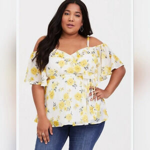 Torrid Chiffon cold shoulder blouse yellow floral lightweight ruffle peasant siz